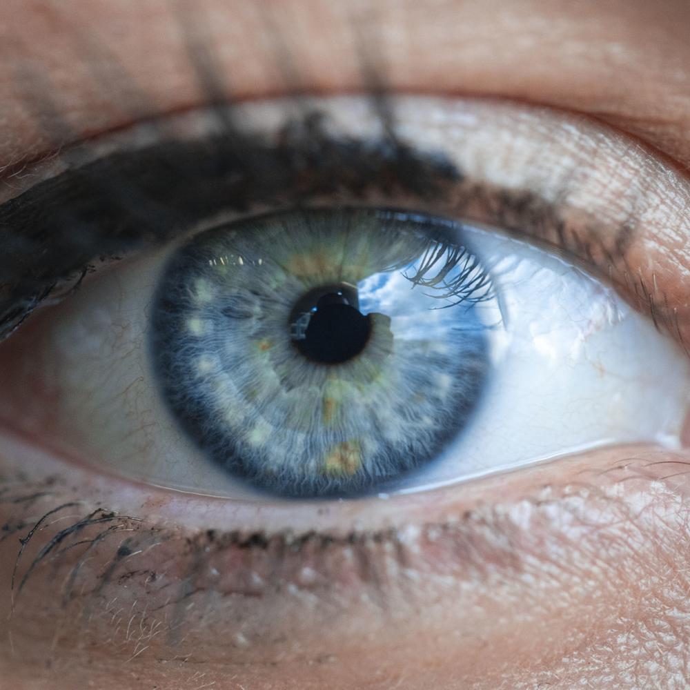 Woman wide-open eye with gray-blue pupil closeup