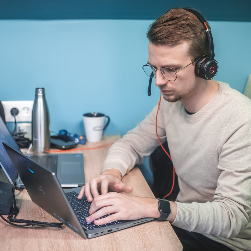 man following a conference call