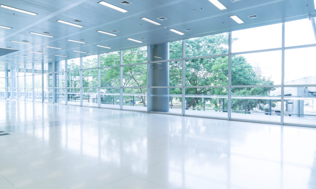 Empty hall of a hospital with big glasses