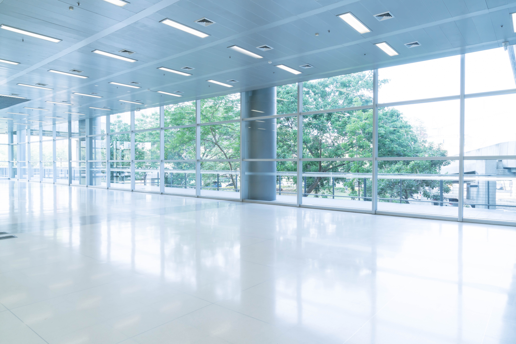 Empty hall of a hospital with big glasses